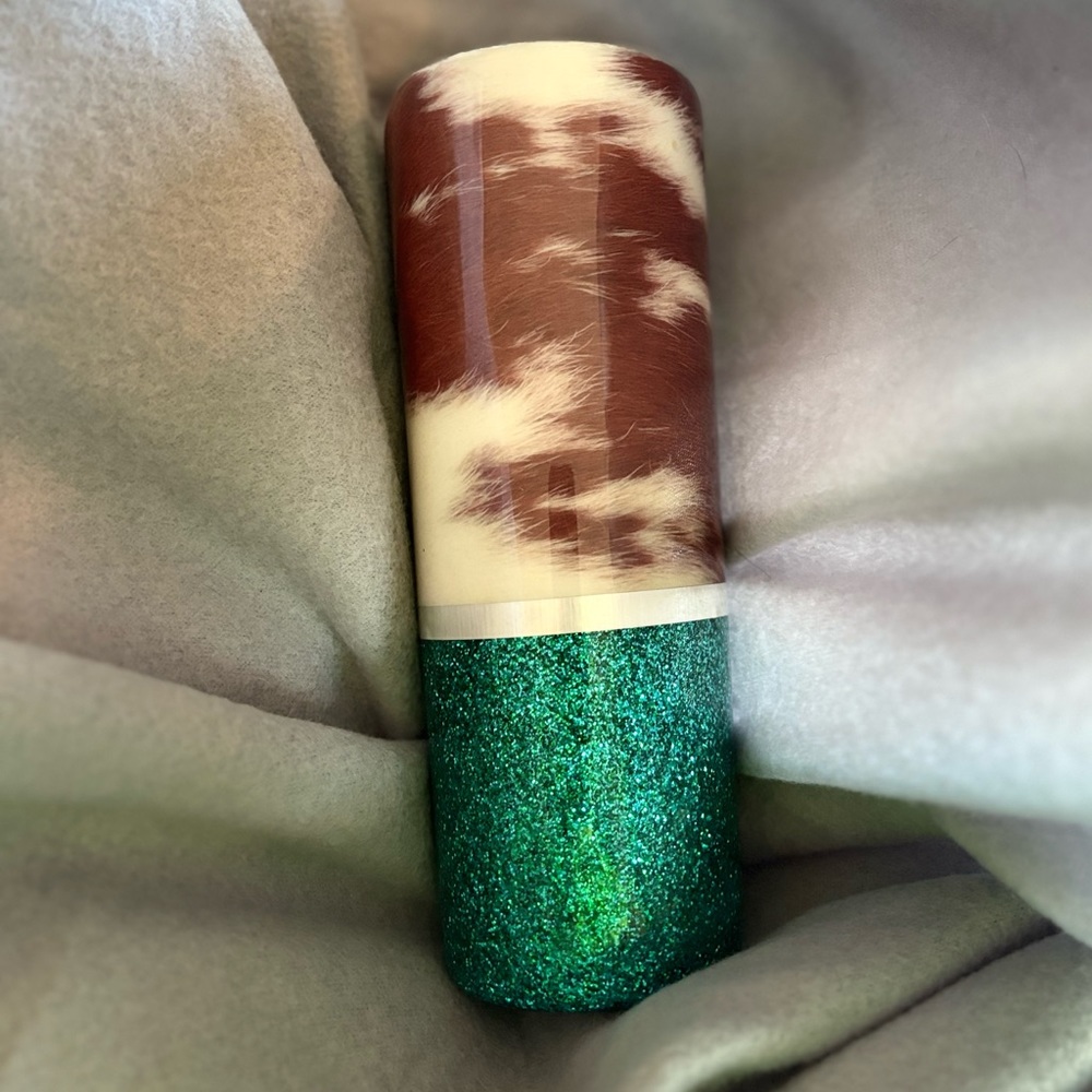 Stainless steel,Turq glitter/brown cowhide, tumbler 20oz, Great Condition